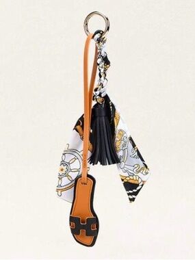 Keychain/Bag Charm Silk Scarf, Black Leather Tassel & Hermes-Inspired Sandle